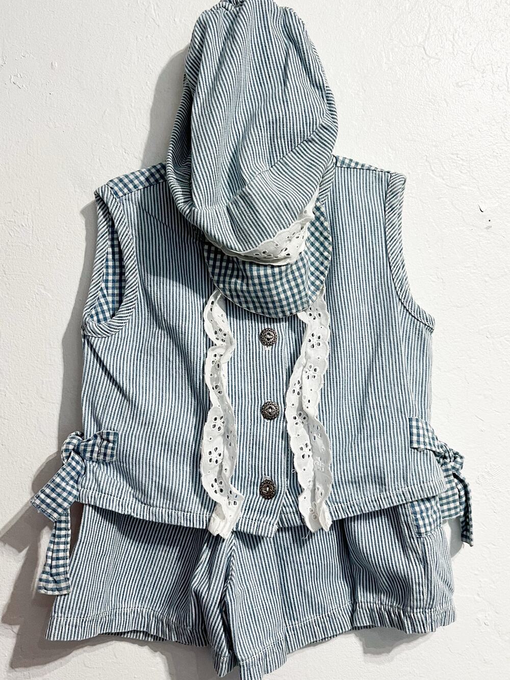 VTG Cupid USA Top Short Hat Toddler 1-2 3pc Set Stripe Eyelet Blue Gingham 90s